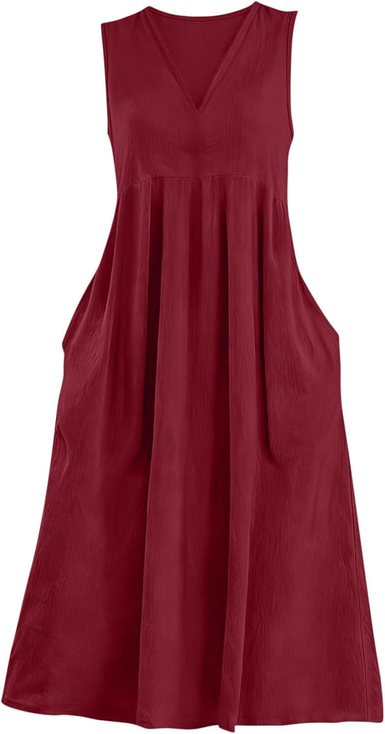 Lina Robe Femme – Robe Maxi Lin Col V Sans Manches Poches Fluide Été