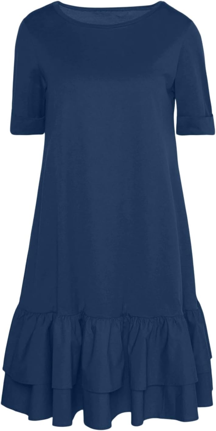 Φόρεμα Lina για γυναίκες – Μίνι φόρεμα T-shirt με στρογγυλή λαιμόκοψη, βολάν και διπλό τελείωμα, μποέμ καλοκαίρι