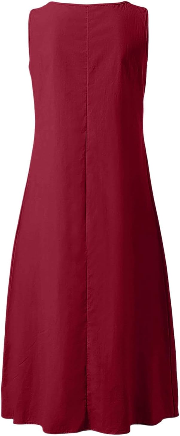 Camille Vestido Mulher – Vestido Maxi Linho Decote em V Sem Mangas com Botões Bolsos Verão