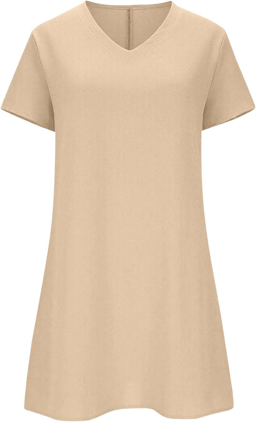 Sukienka Clara dla kobiet – mini sukienka T-shirt z lnem, okrągły dekolt, krótkie rękawy, luźny krój, lato