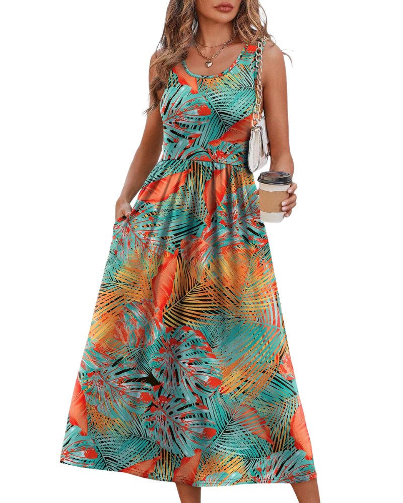 Vestido Midi Jensy Feminino – Vestido Fluido Corte A com Bolsos, Cintura Império e Corte Elegante de Verão