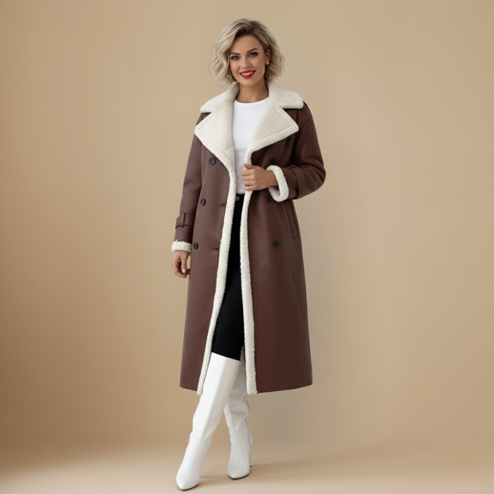 Rinna Casaco Longo Mulher – Casaco com Duplo Abotoamento Efeito Camurça com Gola Forrada & Estilo Chic