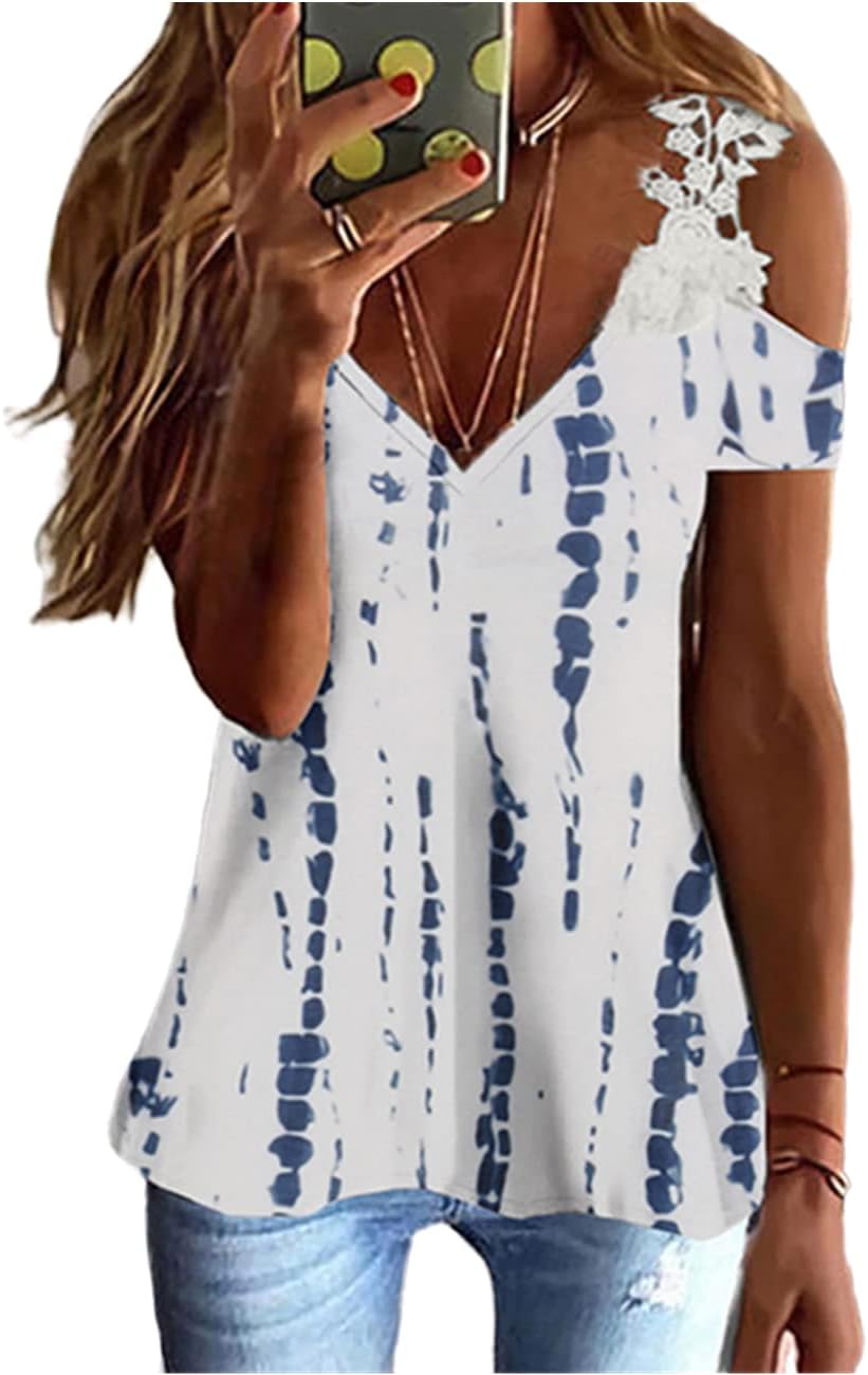 Léna blouse dames met blote schouders – Bedrukt top met V-hals en kant