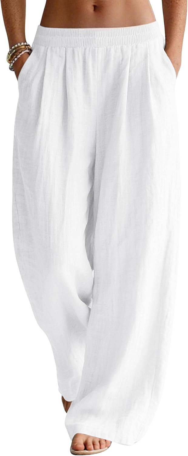 Linda Women's Pants – Linen Palazzo Pants with Elastic Waist & Pockets Summer