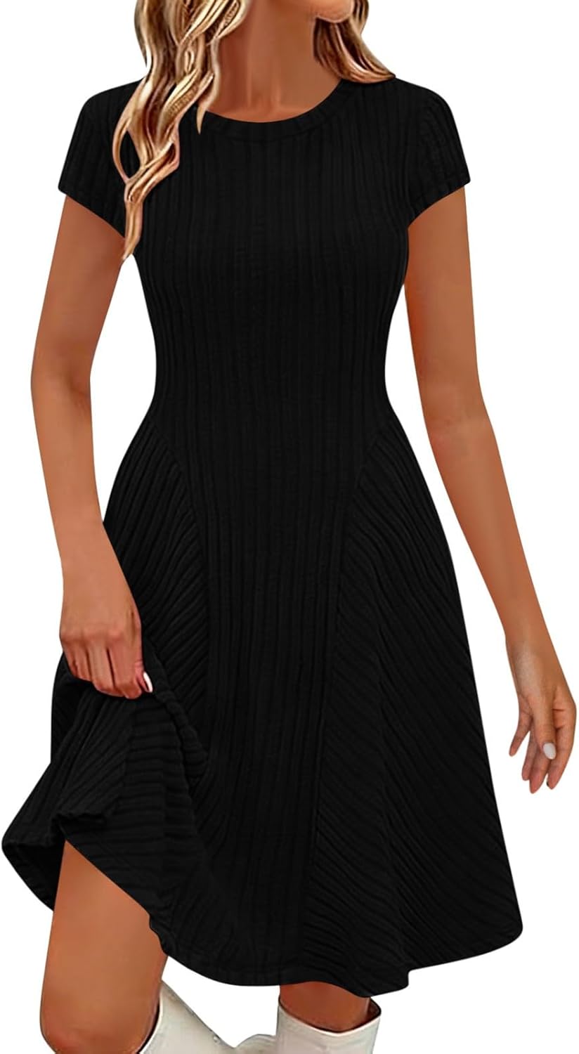 Emma Women's Robe – Elegant Ribbed Knit Midi Dress with Round Neck and Short Sleeves
