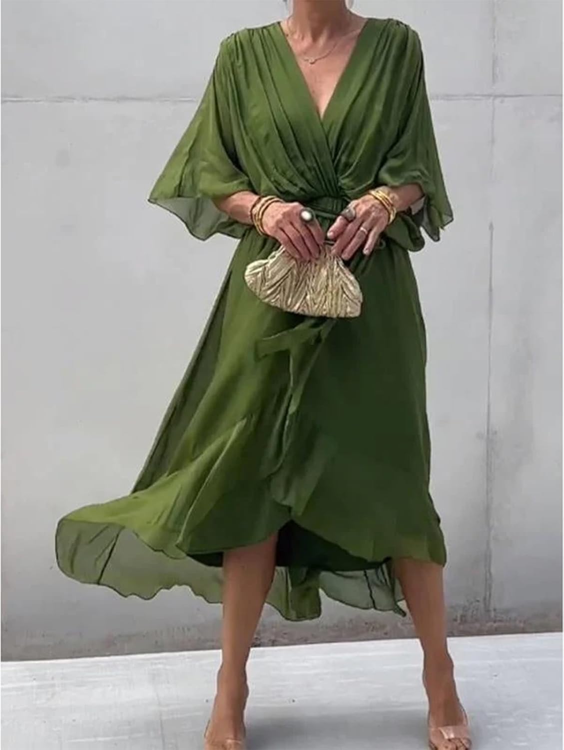 Alessia kjole til kvinder – Maxi chiffonkjole med V-hals, flæser og høj talje, elegant