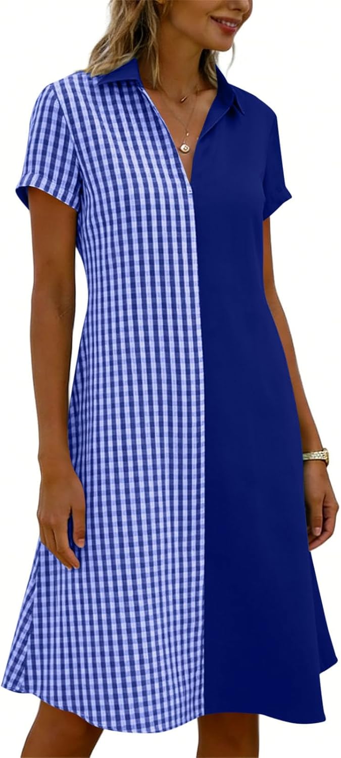 Julie Women's Dress – Plaid Dress with V-Neck, Short Sleeves, Flowing Bohemian Cut, Summer