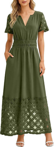 Vestito Emma Donna – Abito Maxi Bohemien Scollo a V Vita Impero Tasche Fluido Estate