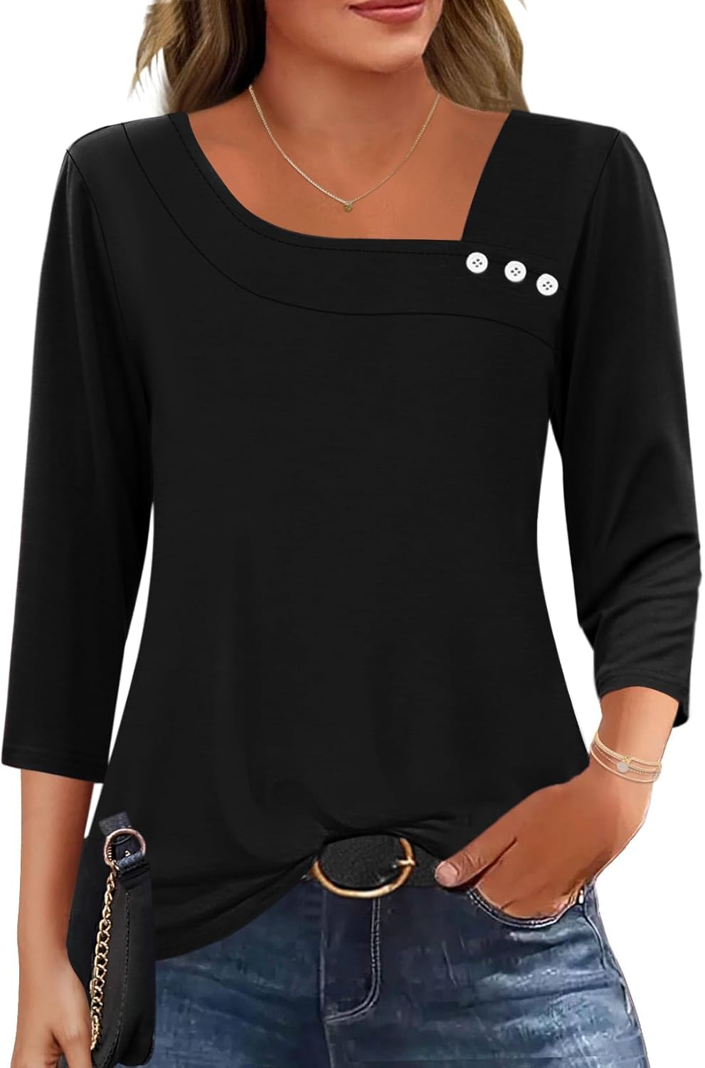 Chloé Top Femme Asymétrique – Blouse 3/4 Manches Élégante Coupe Fluide