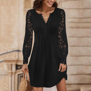Vestido Feminino Elegante Victoria – Vestido Curto em Renda com Decote em V e Mangas Compridas