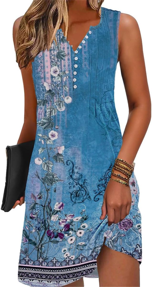 Lucie Robe Femme – Robe Bohème Fleurie Col V Sans Manches A-Line Midi Été