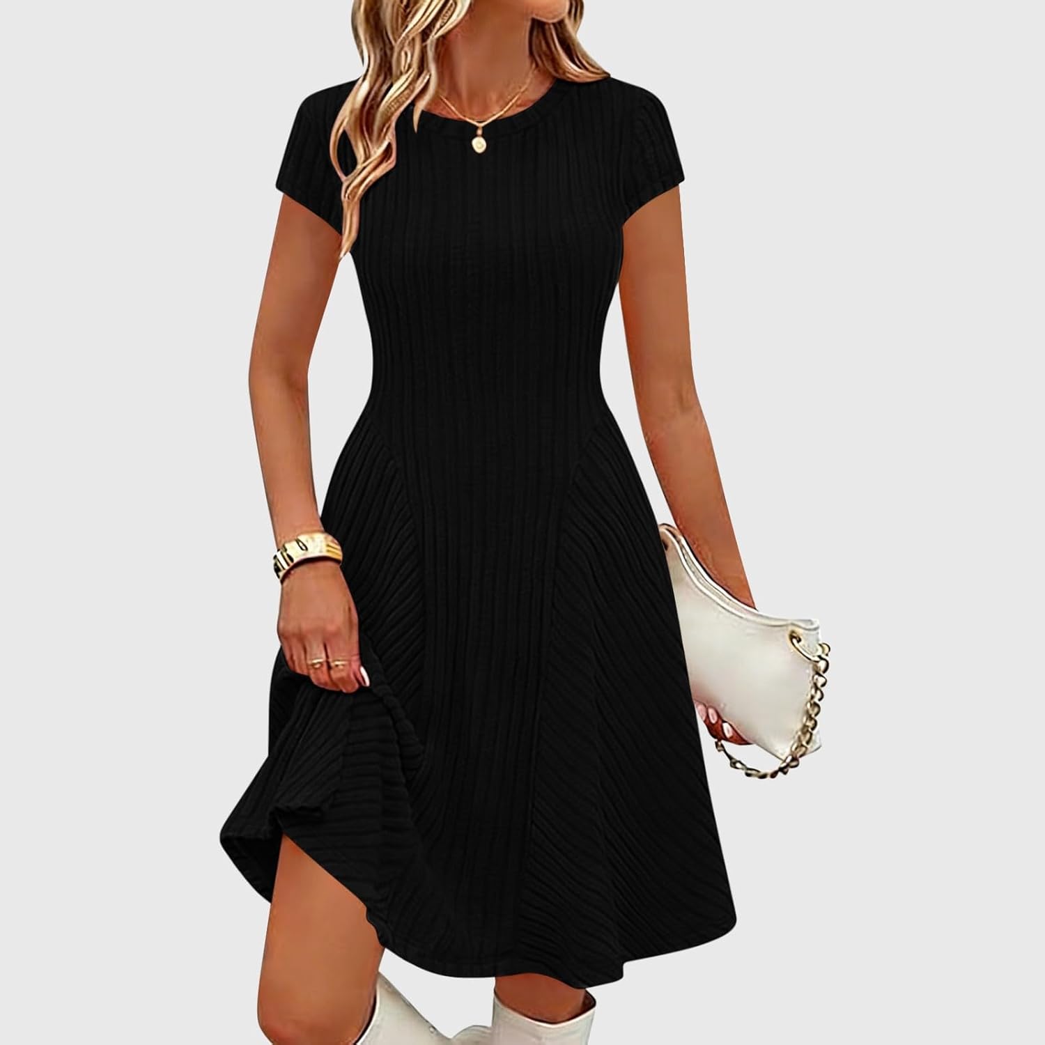 Emma Women's Robe – Elegant Ribbed Knit Midi Dress with Round Neck and Short Sleeves
