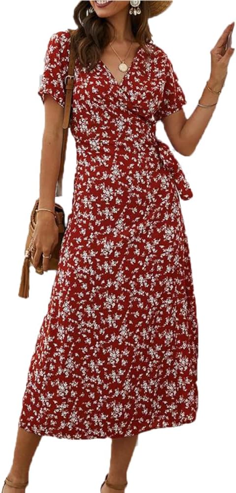 Vestido Midi Feminino de Verão Verde Oliva – Floral, Decote em V com Transpasse e Mangas Curtas