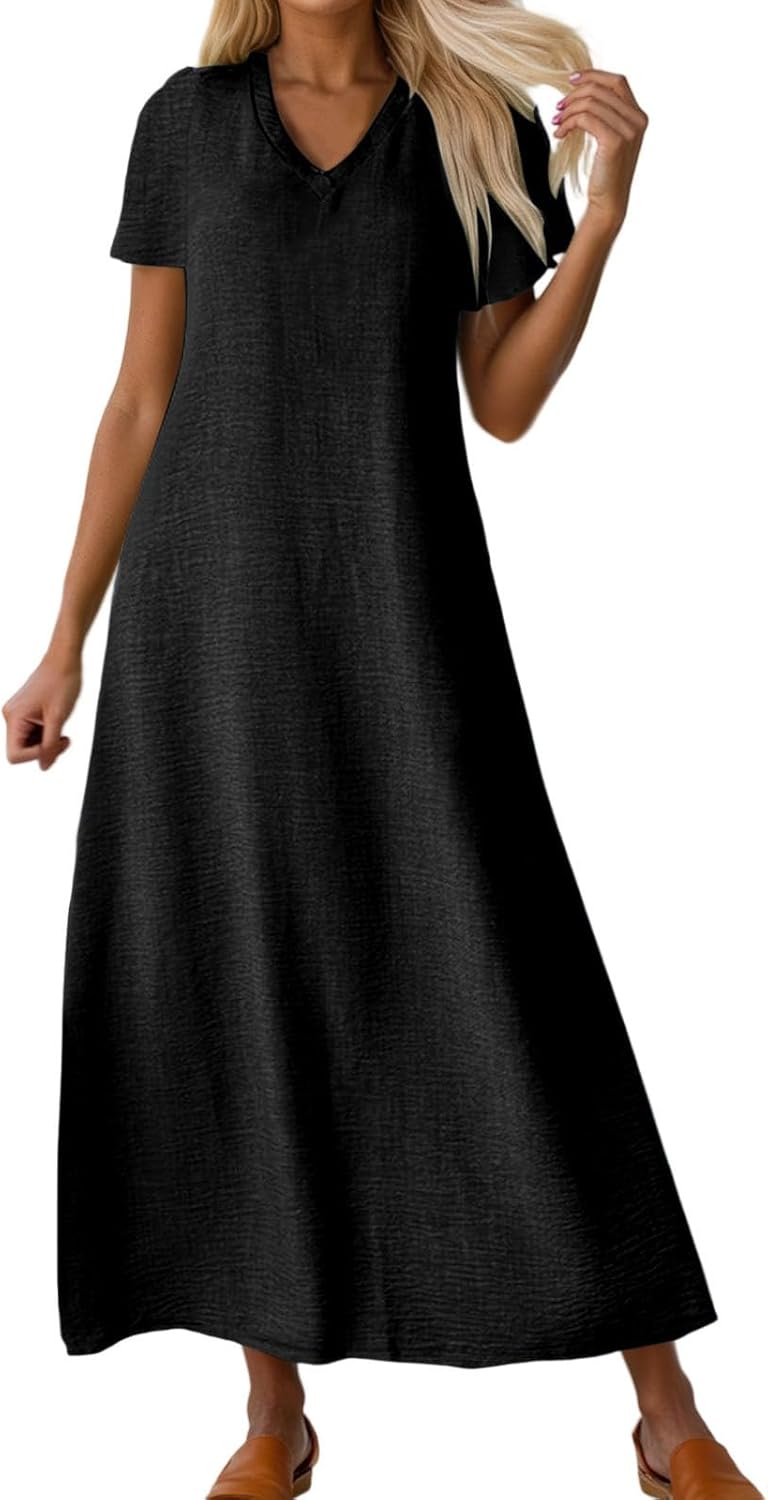 Laura Robe Femme – Robe Longue Lin Col V Coupe Fluide Bohème Confort Été