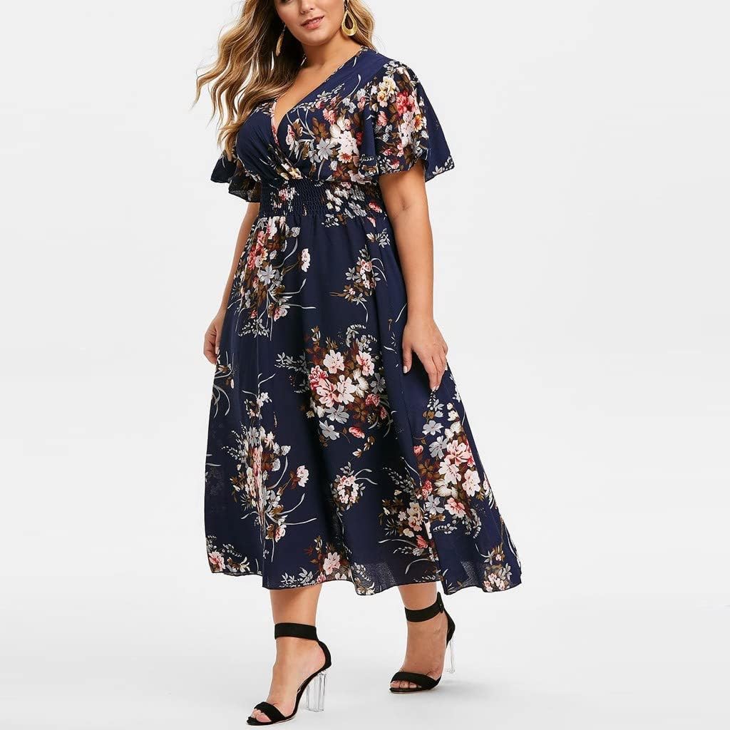 Élise Robe Femme – Robe Midi Fleurie Col V A-Line Lin Coton Fluide Élégante Été