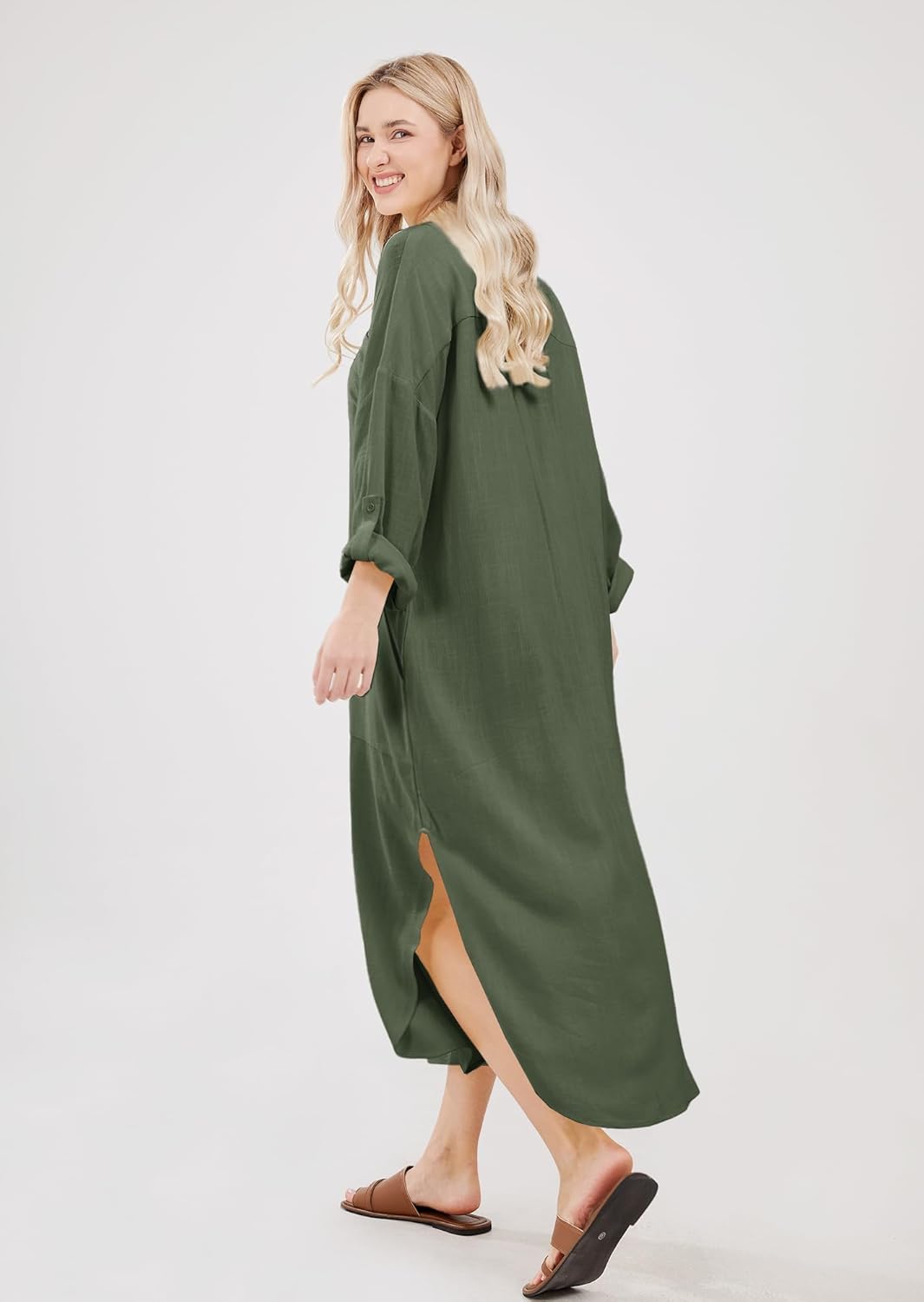 Emma Langes Hemdblusenkleid Damen – Leinen-Baumwollkleid mit Knopfleiste, Schlitz und Taschen