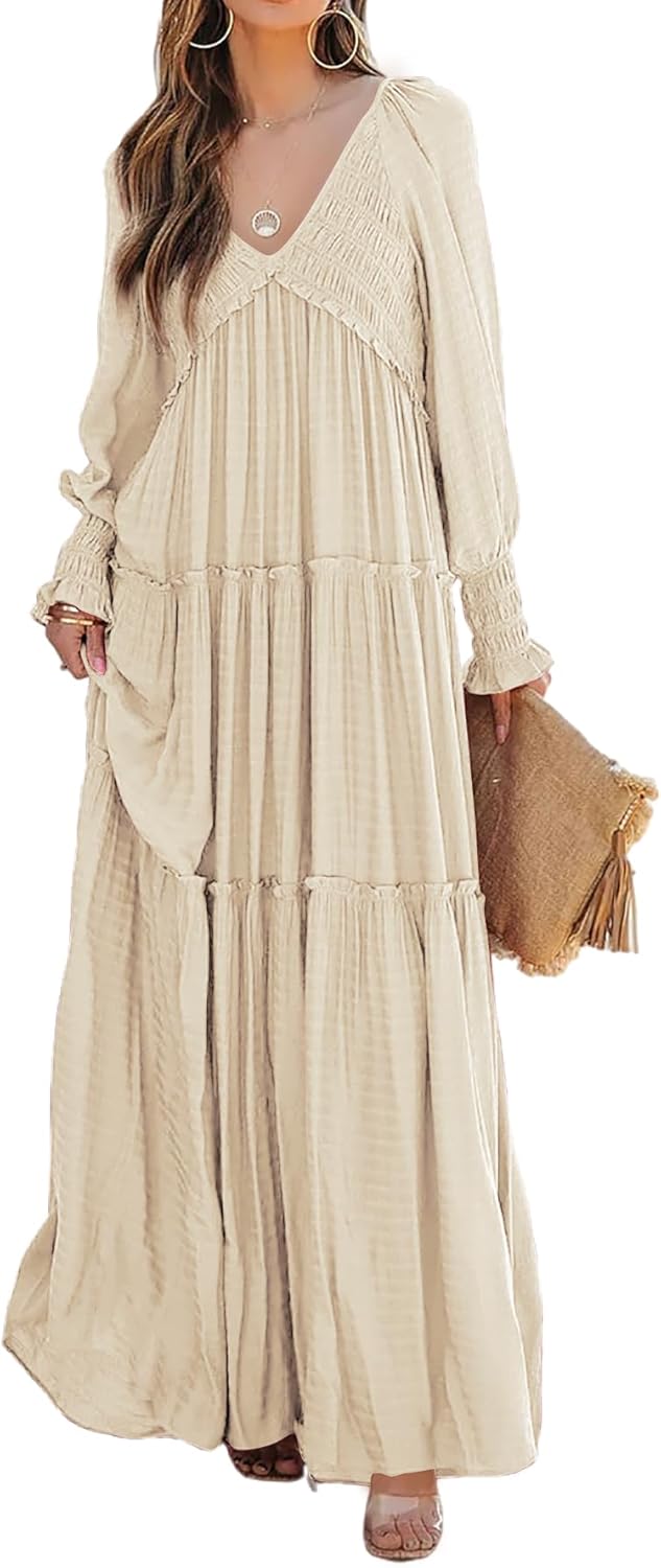 Eva Robe Maxi Femme – Robe Bohème Col V Manches Longues Smockée Volants