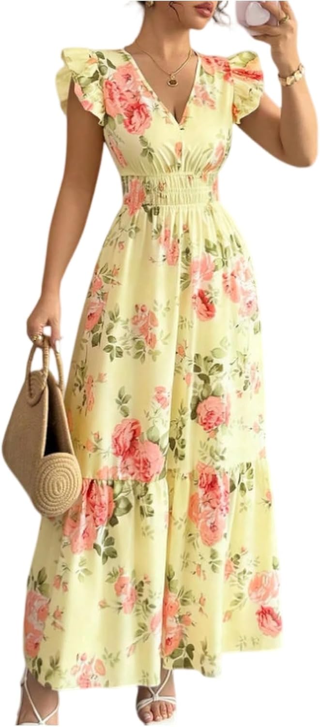 Camille Women's Dress – Floral Maxi Dress with V-Neck, Ruffled Sleeves, Smocked Waist, Summer