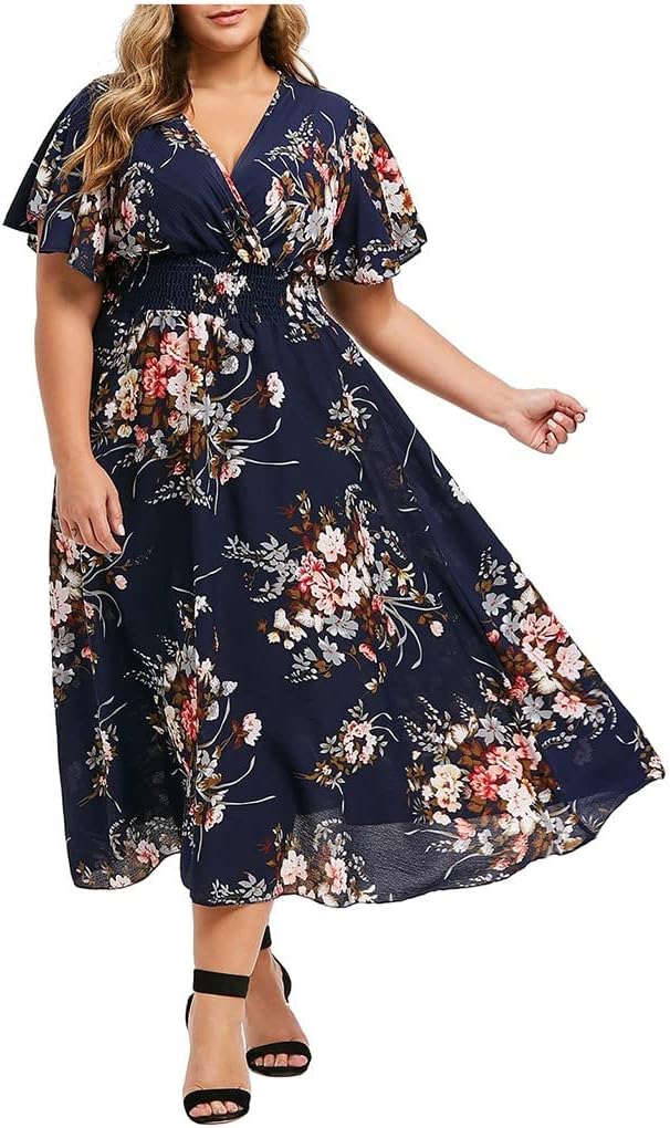 Élise Women's Dress – Floral Midi Dress V-Neck A-Line Lightweight Linen Cotton Elegant Summer