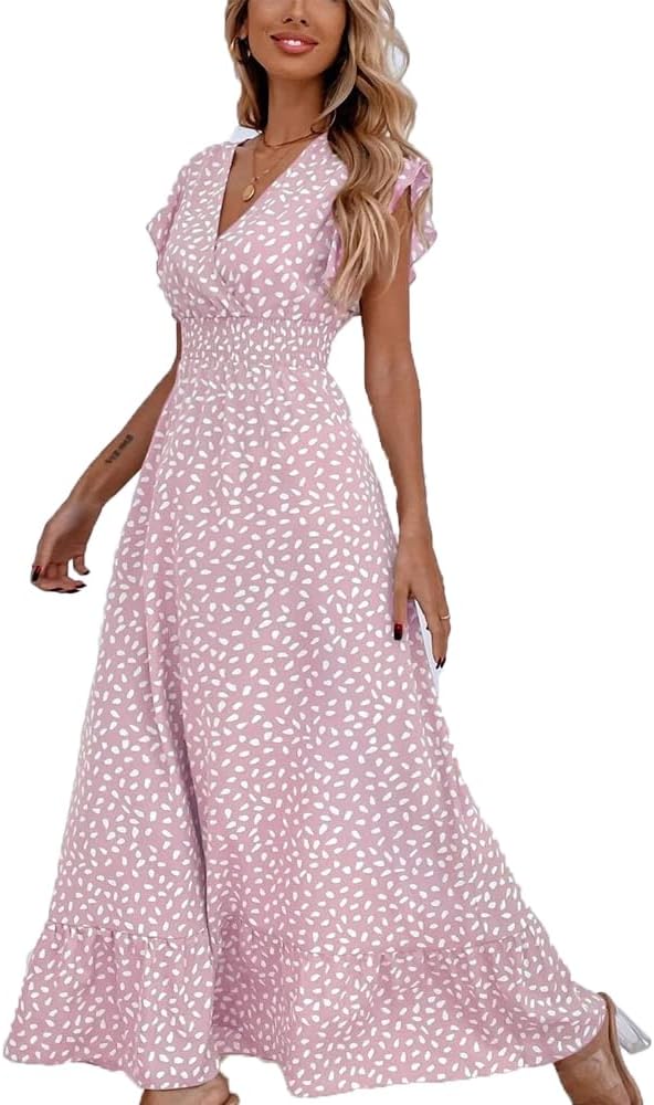 Amélie Robe Maxi Femme – Robe Fleurie Col V Taille Haute Volants Été