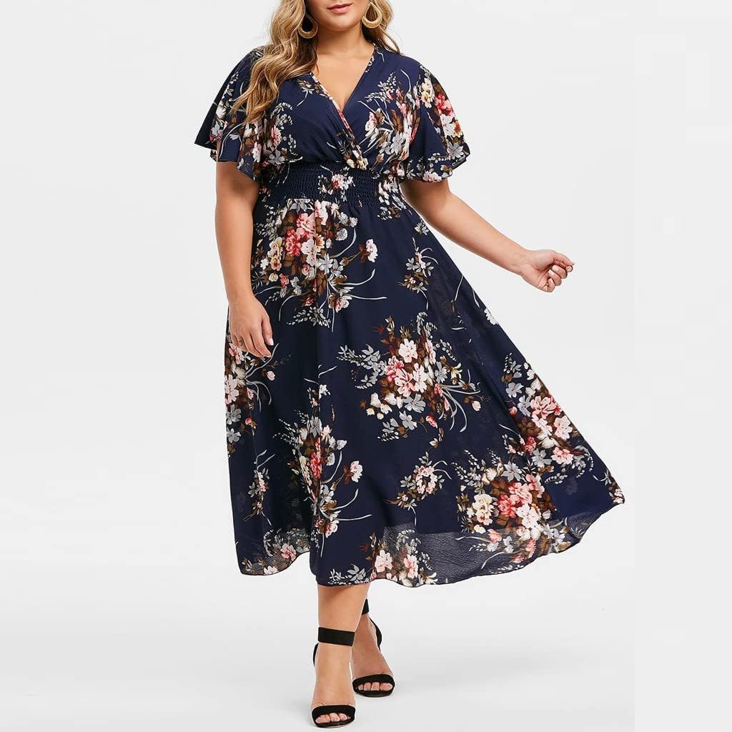 Élise Robe Femme – Robe Midi Fleurie Col V A-Line Lin Coton Fluide Élégante Été