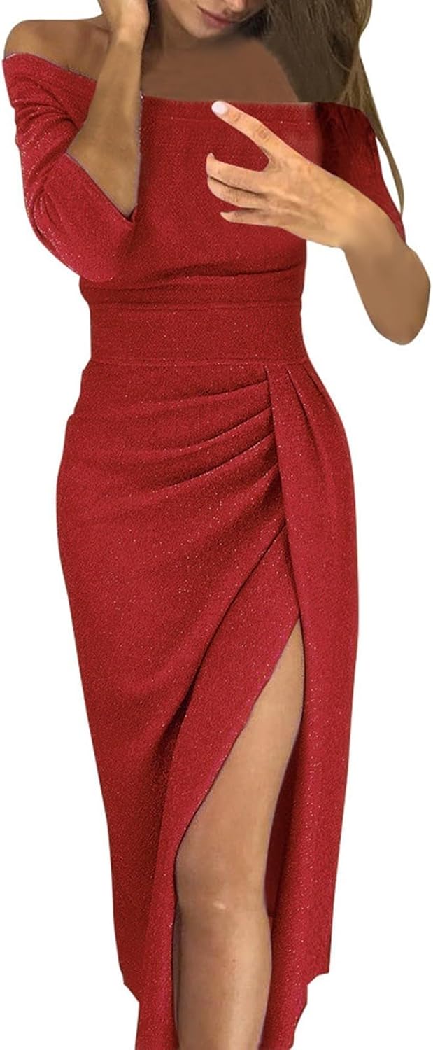 Vestido Mia para mujer – Vestido mini con hombro descubierto, abertura, bodycon brillante para fiesta