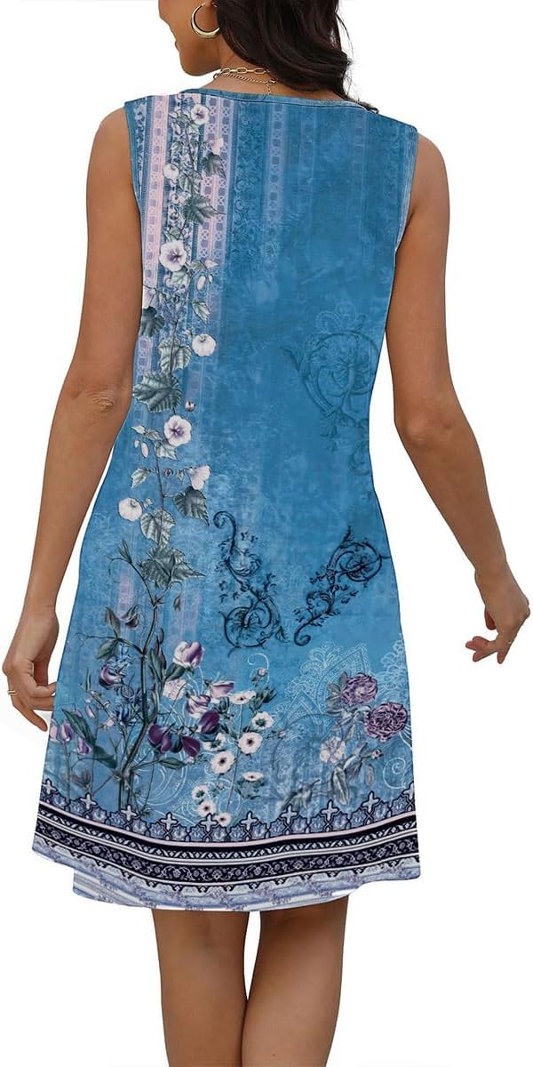 Lucie Robe Femme – Robe Bohème Fleurie Col V Sans Manches A-Line Midi Été