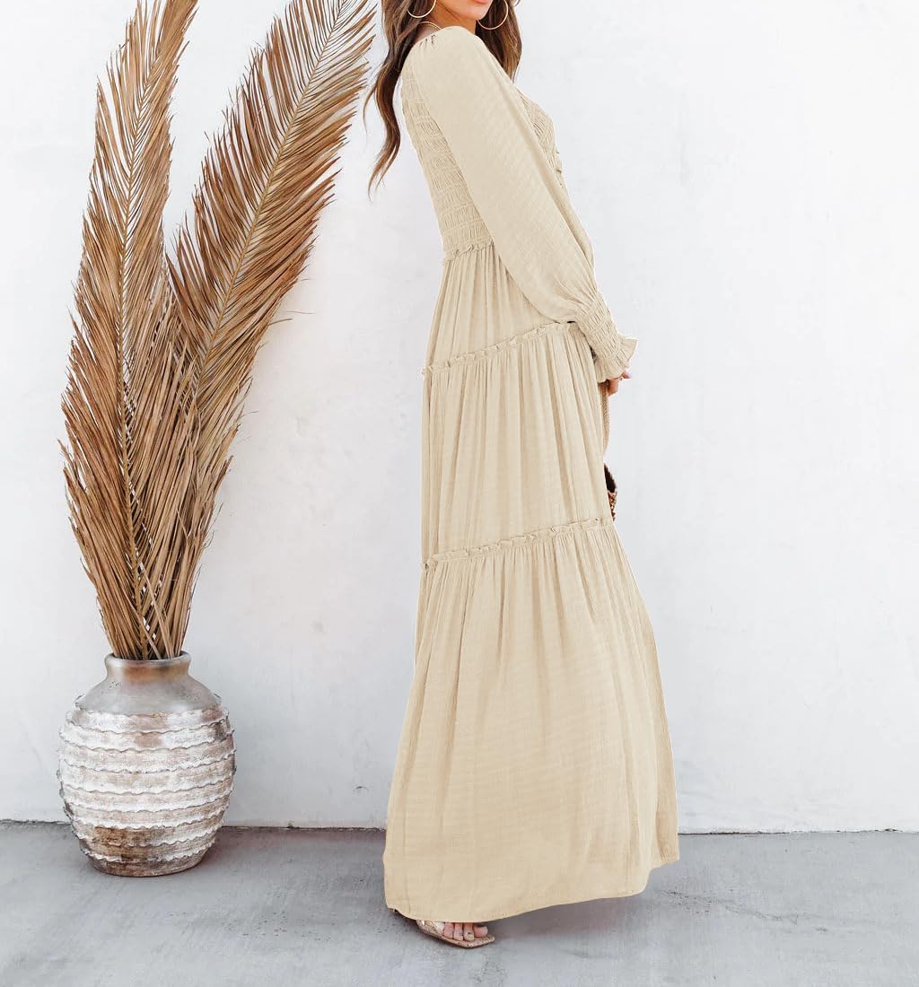 Eva Robe Maxi Femme – Robe Bohème Col V Manches Longues Smockée Volants