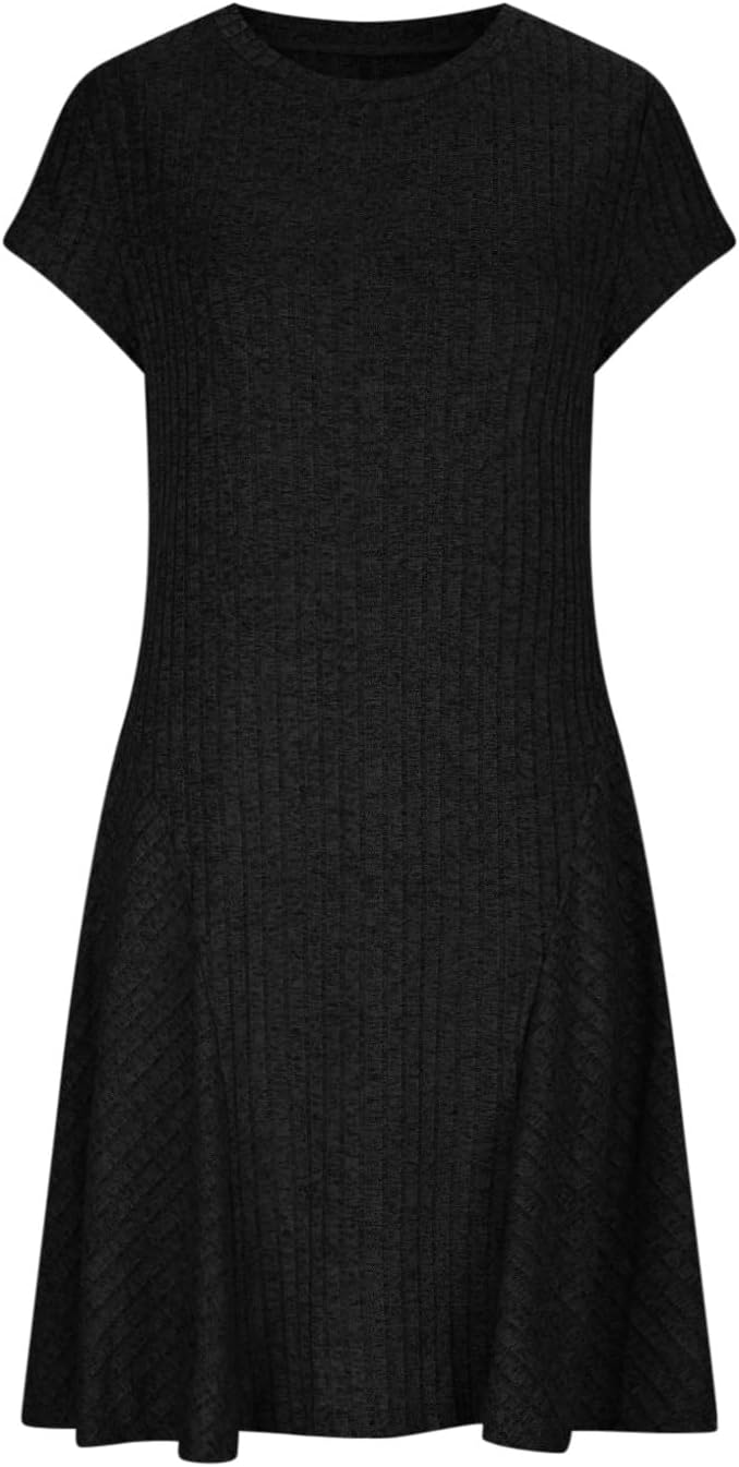 Emma Damenrobe – Elegantes Midikleid aus gerippter Strickware mit Rundhalsausschnitt und kurzen Ärmeln