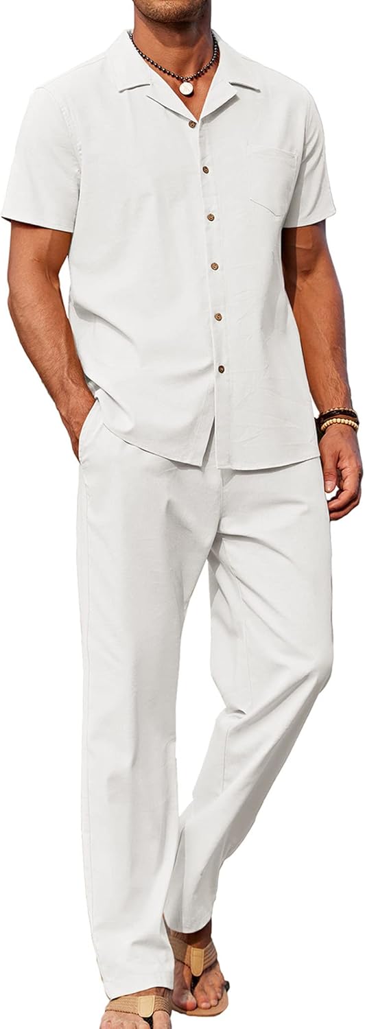Conjunto de homem Maëlan de 2 peças – Camisa com gola cubana e calças largas em algodão, viscose e linho