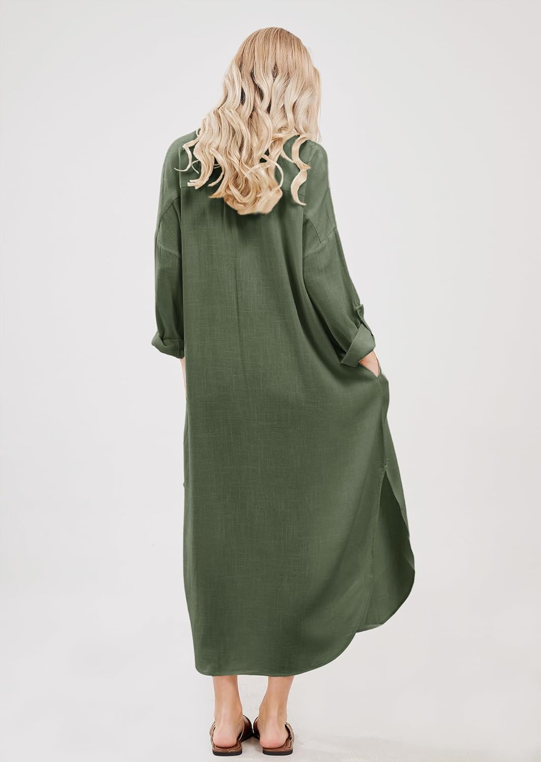 Emma Langes Hemdblusenkleid Damen – Leinen-Baumwollkleid mit Knopfleiste, Schlitz und Taschen