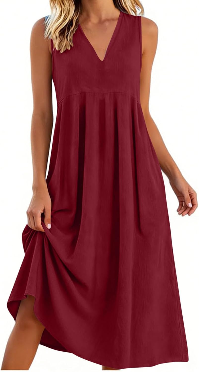 Lina Robe Femme – Robe Maxi Lin Col V Sans Manches Poches Fluide Été