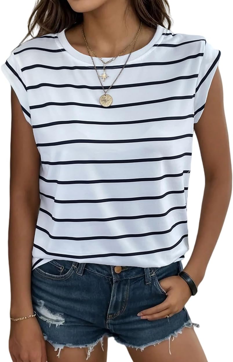 Emmary T-shirt donna a righe – top leggero maniche a cappuccio collo tondo taglio ampio estate