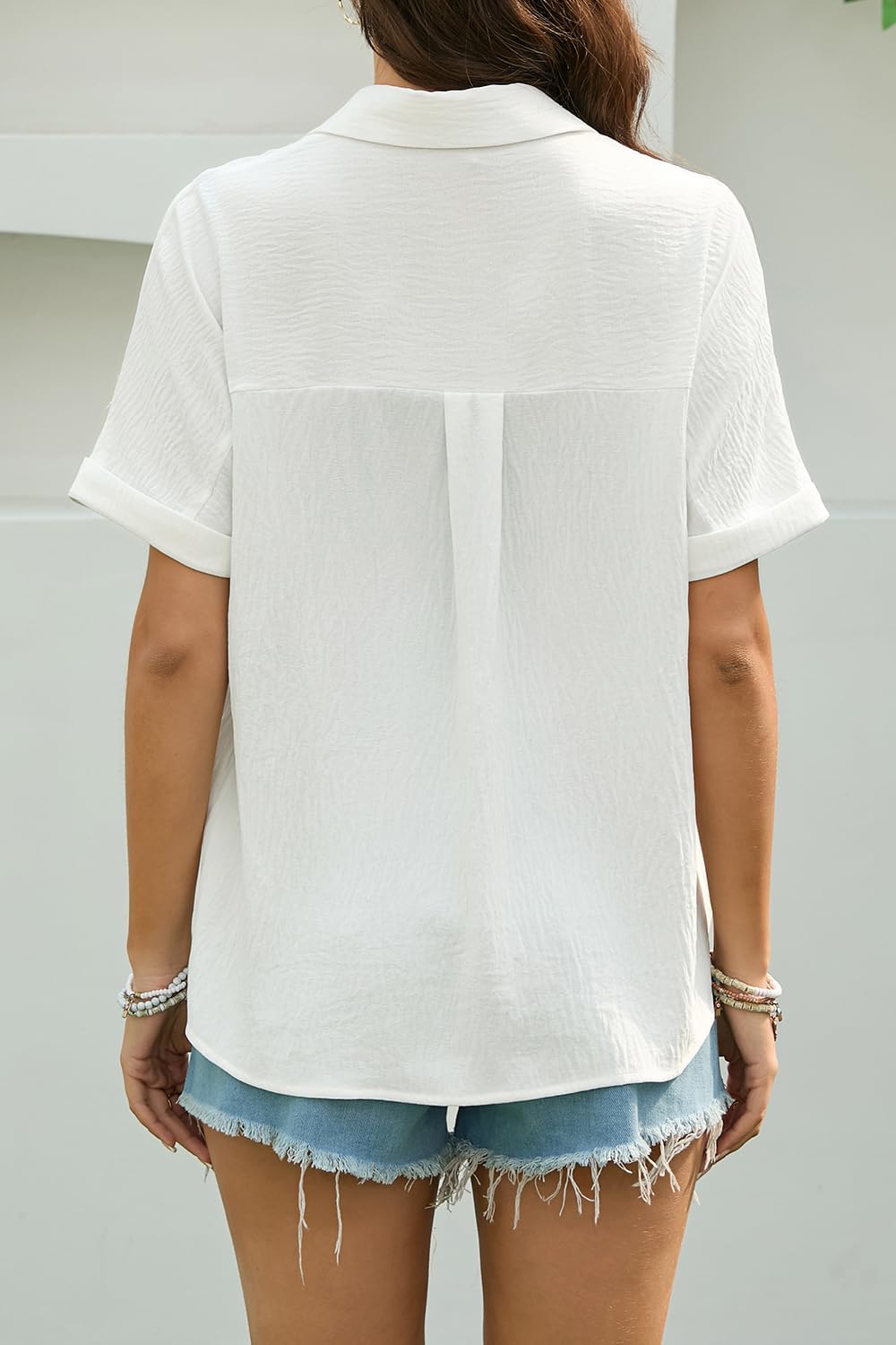 Sophie Camisa Mulher Verão – Blusa com Botões, Gola em V, Mangas Curtas Elegante