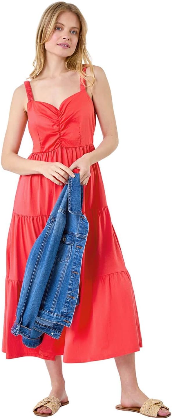Mila Robe Midi Femme – Robe Coton Bretelles Col V Volants Été Élégante
