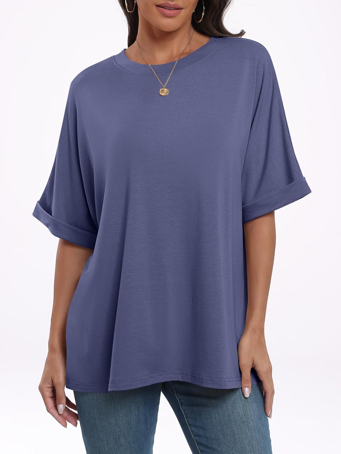 Laura T-Shirt Damen Oversize – Tunika Rundhalsausschnitt Kurzarm Top Sommer Schick