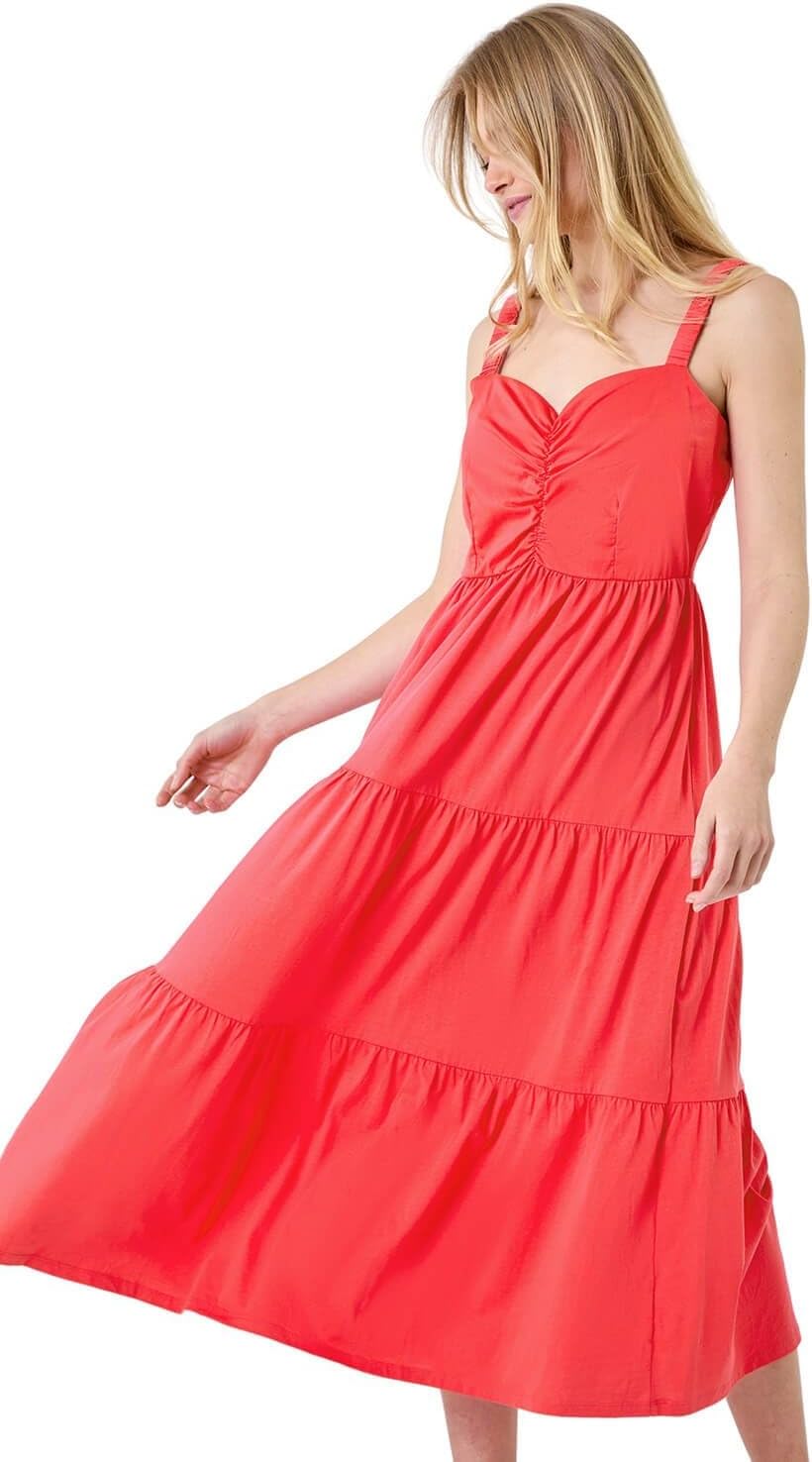 Mila Robe Midi Femme – Robe Coton Bretelles Col V Volants Été Élégante