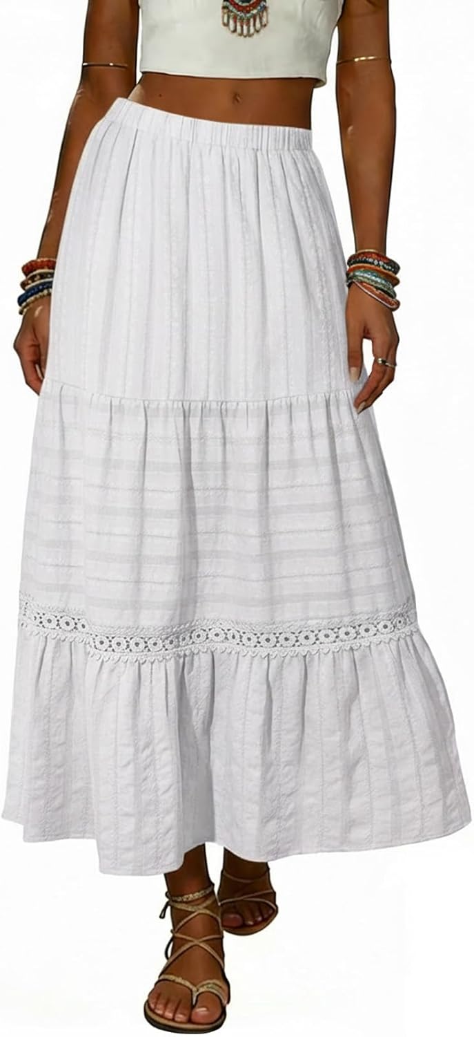 Falda Maxi Breilla para Mujer – Falda Bohemia de Algodón, Encaje de Crochet y Fluida