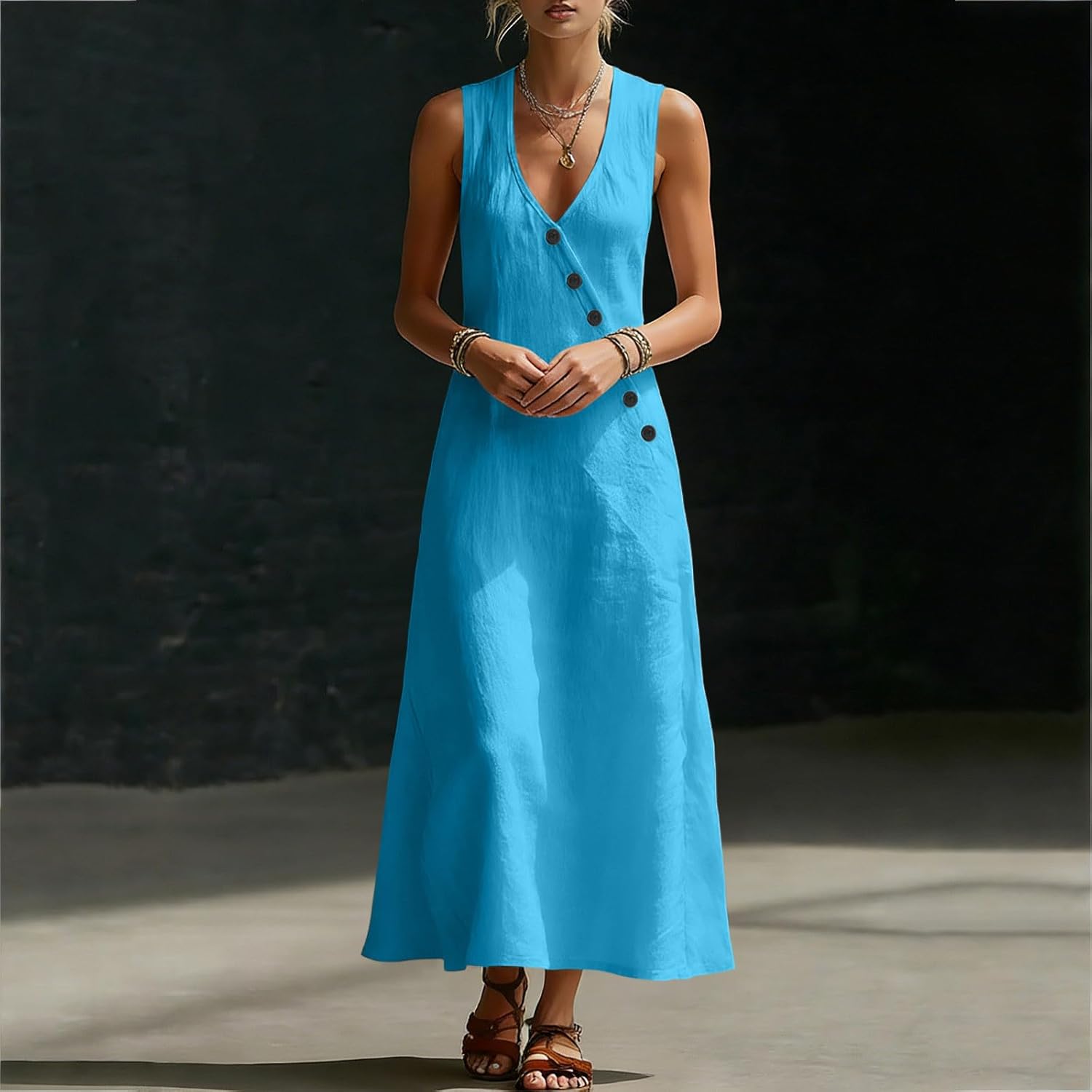 Laura Abito Donna – Abito Midi Cotone Scollo a V Senza Maniche Bottoni Taglio A-Line Estate