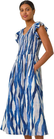 Vestido Midi Amélie Mulher – Vestido Floral Franzido Gola Redonda Folhos Verão Chic