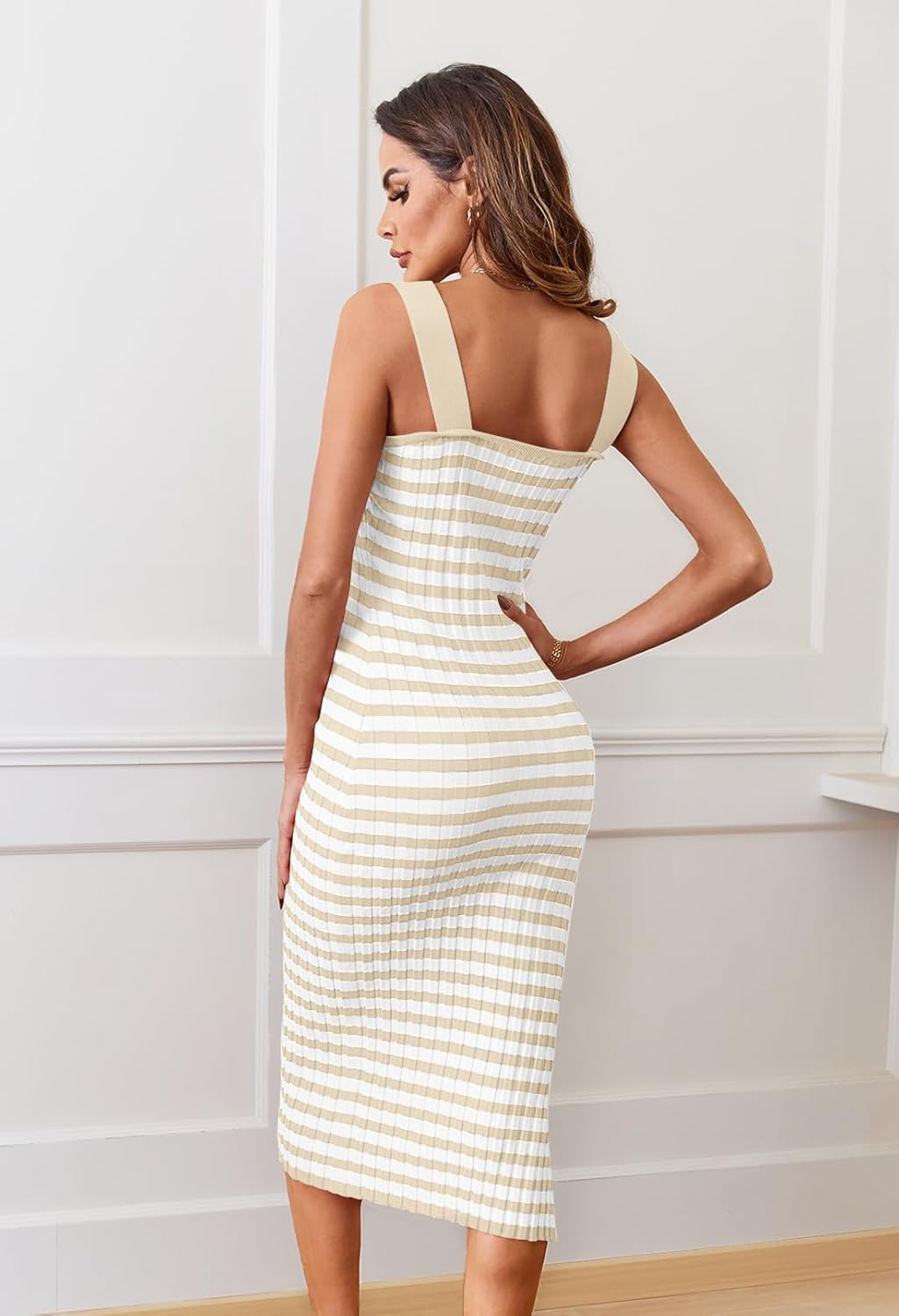 Emma Robe Midi Femme – Robe Moulante Maille Côtelée Col Carré Fendue Été Chic