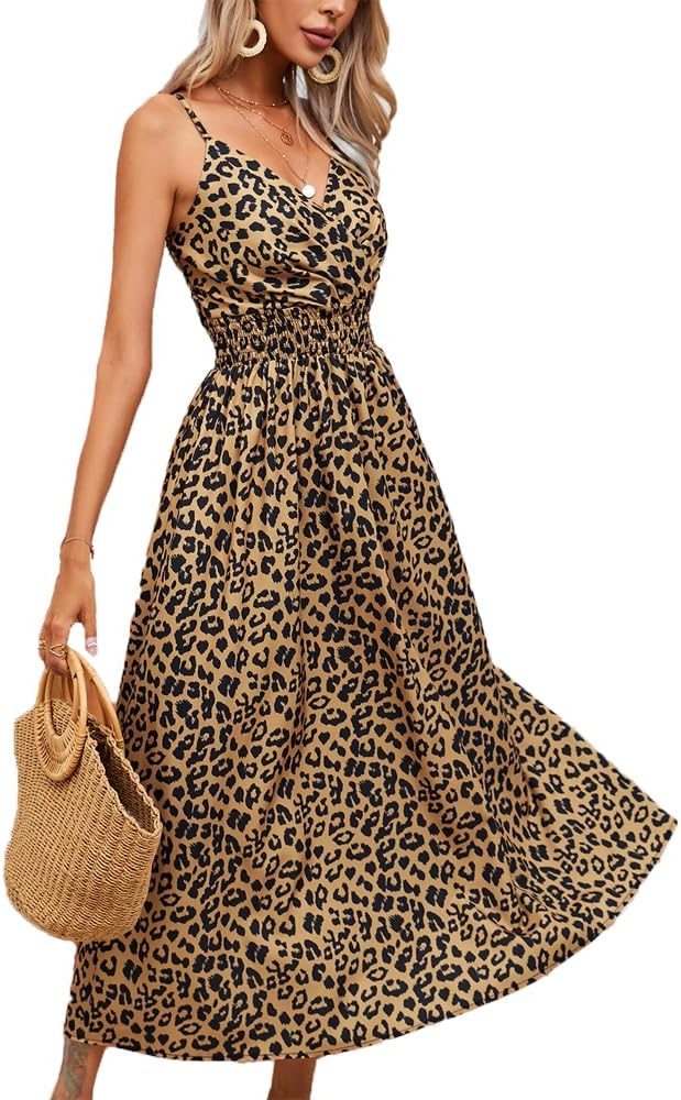 Vestido largo Cora para mujer verano – Estampado de leopardo, cuello en V, cintura elástica