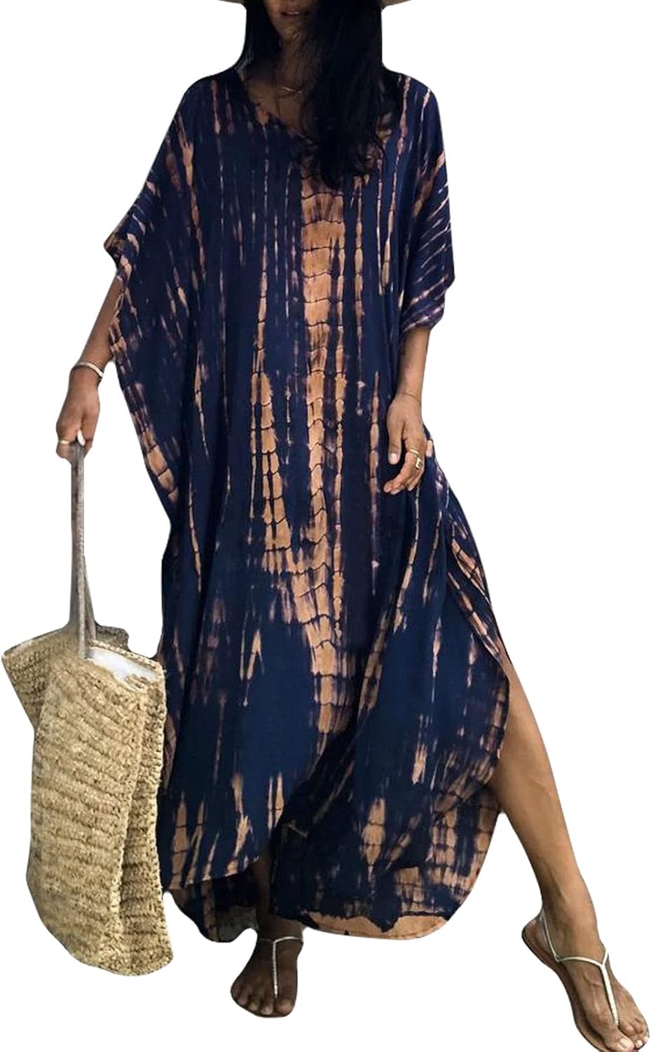 Zéliane dugački ženski kaftan boho cvjetnog uzorka – maksi haljina za plažu s V-izrezom i šišmiš rukavima