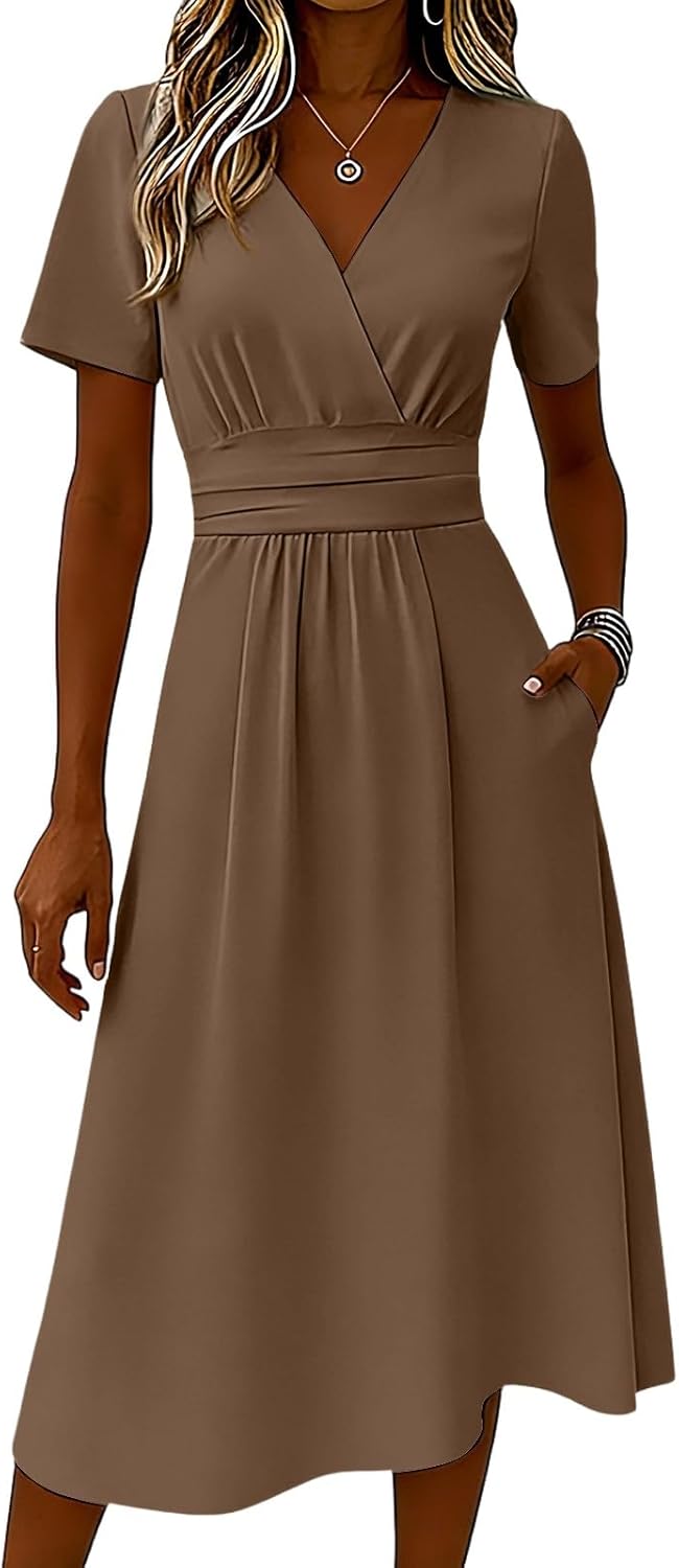 Claire Women's Dress – Elegant Summer Midi Dress with V-Neck, Wrap Front, Empire Waist, A-Line