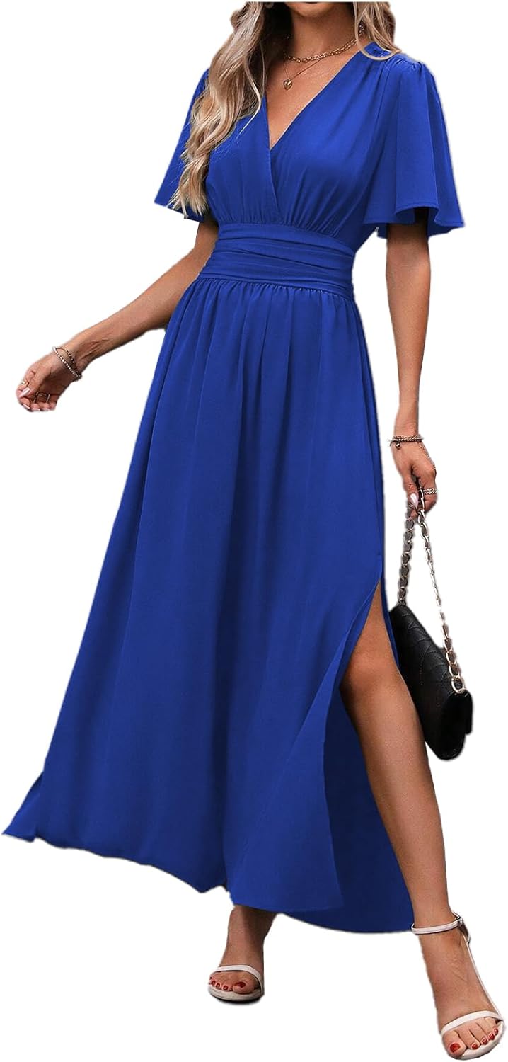 Vestido Elena para mujer – Vestido maxi plisado con escote en V, cintura alta, abertura elegante para verano