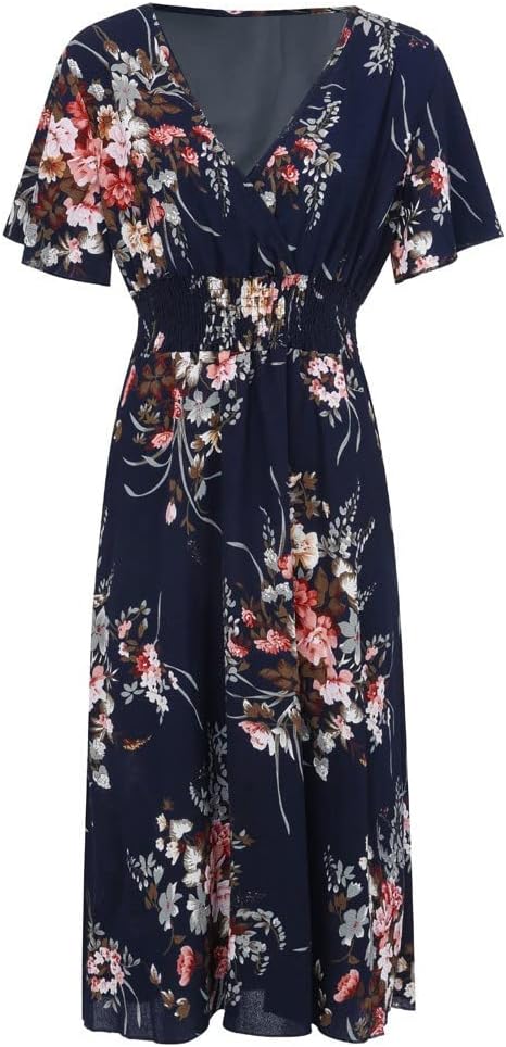 Élise Robe Femme – Robe Midi Fleurie Col V A-Line Lin Coton Fluide Élégante Été