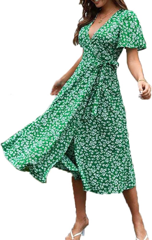 Vestido Midi Feminino de Verão Verde Oliva – Floral, Decote em V com Transpasse e Mangas Curtas