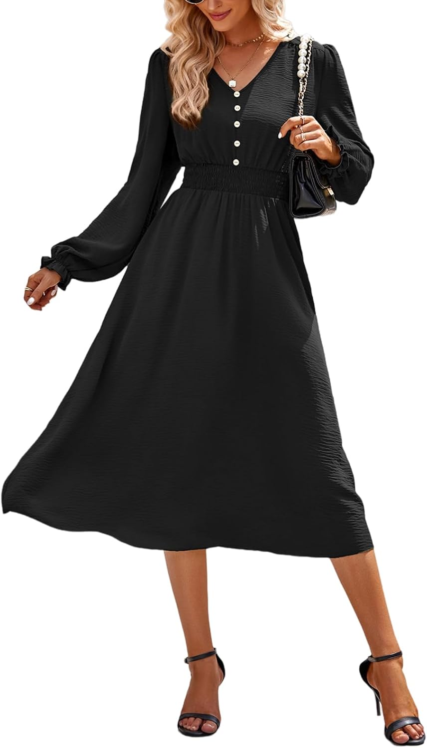 Emma Robe Femme Midi – Robe Col V Manches Longues Taille Haute A-Line Élégante