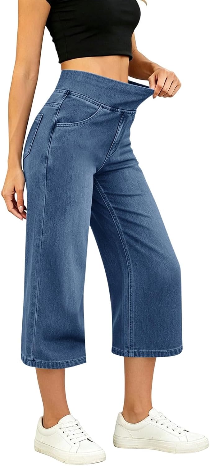 Léonie Jean 7/8 Mulher – Calças de ganga elásticas de cintura subida, corte justo direito