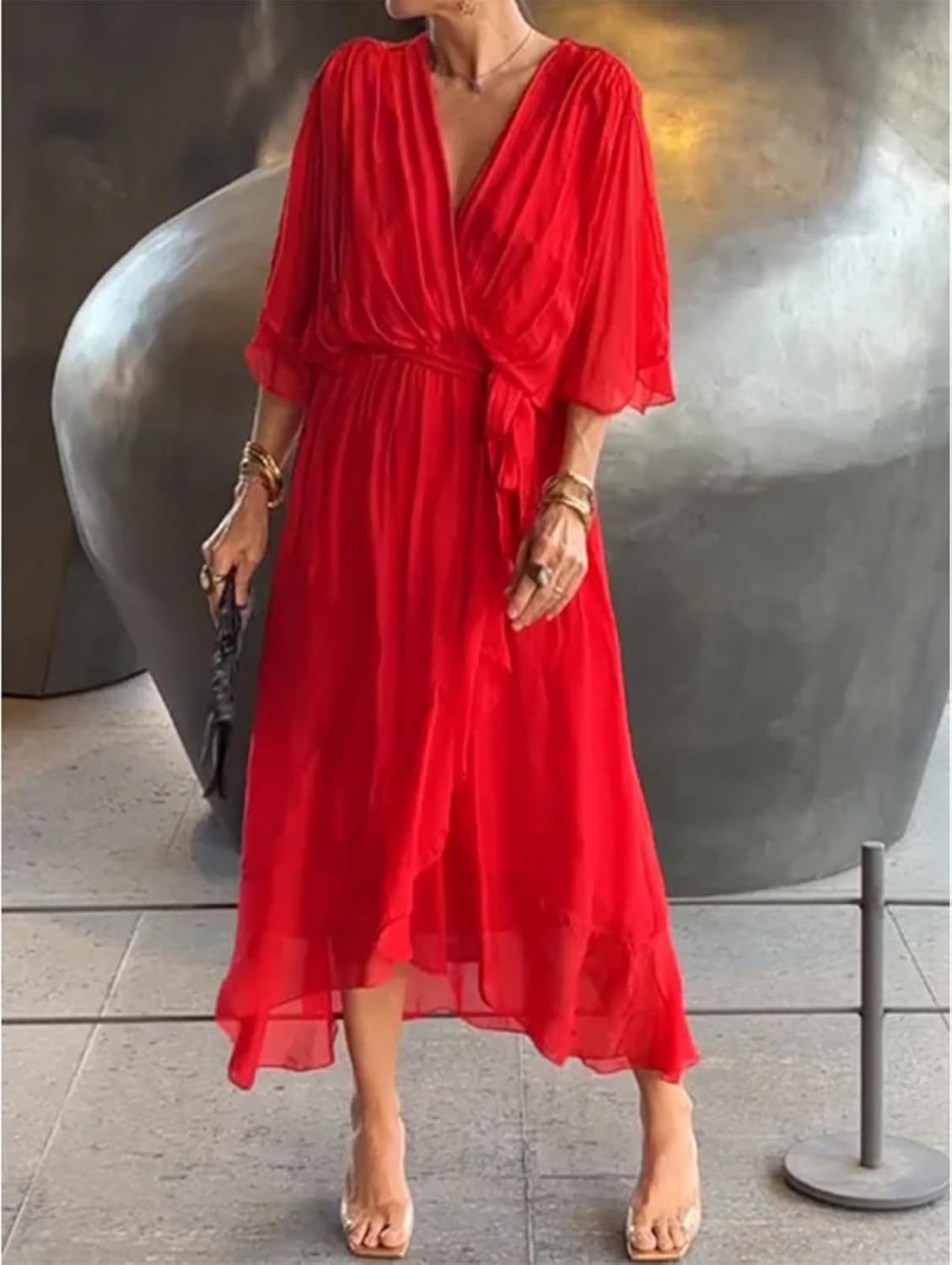Alessia Dámské šaty – Maxi šifonové šaty s výstřihem do V, volánky a vysokým pasem, elegantní